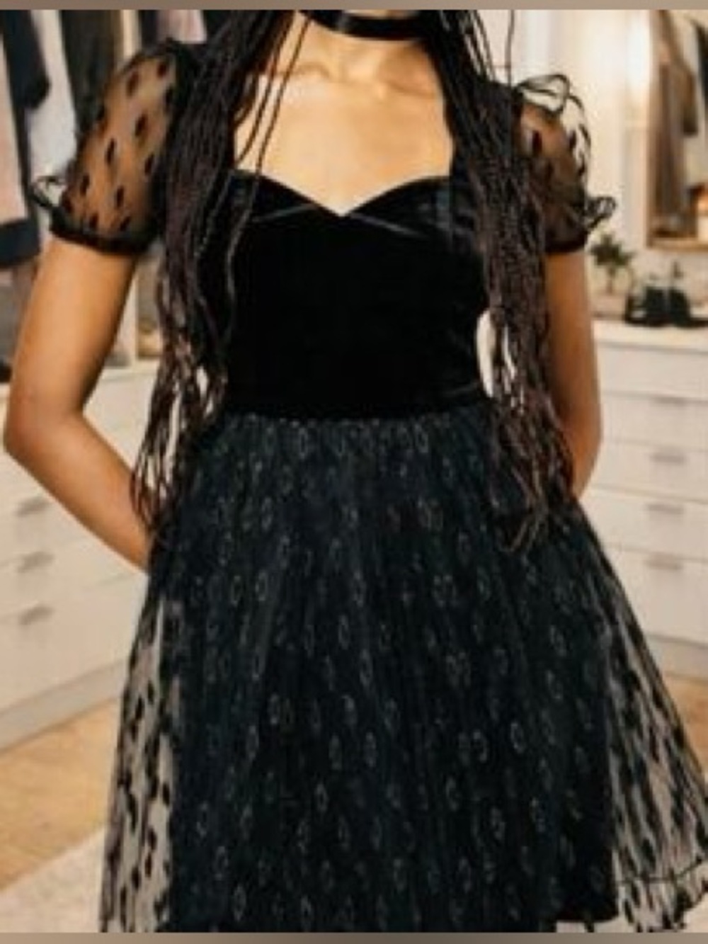 Disturbia Velvet Mini Dress Size 8 Ellipse Embroidered Tulle Puff Sleeve Black
